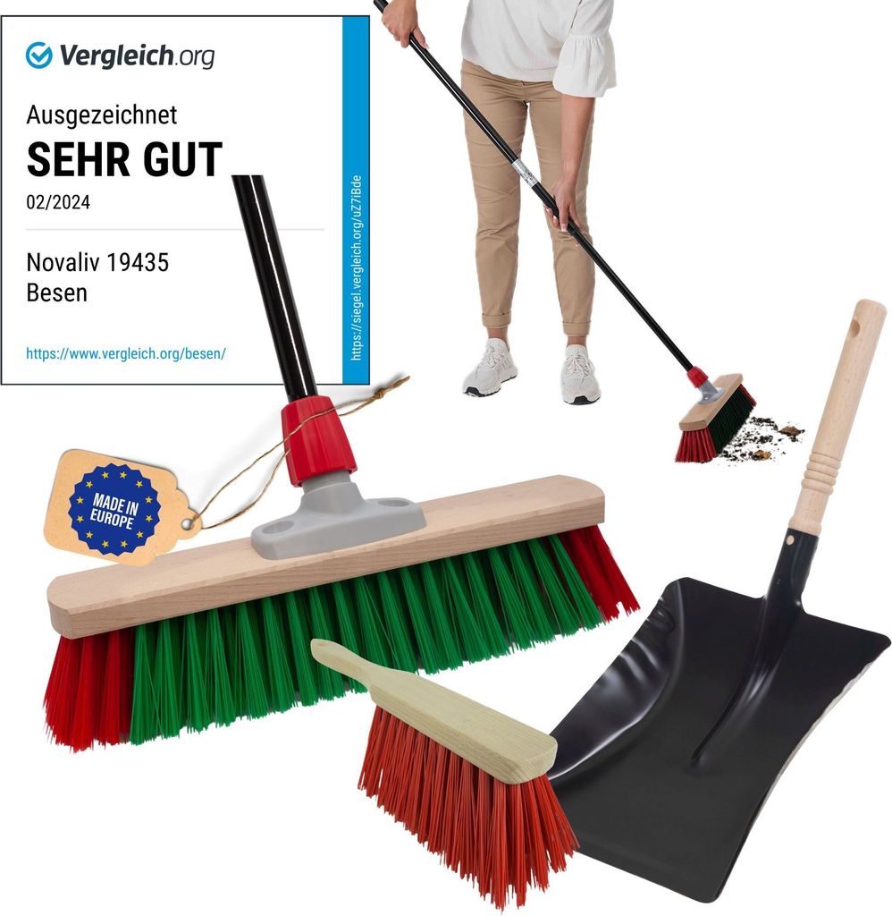 Novaliv Gartenbesen mit Stiel 40 cm Elaston Borsten inkl. Kehrgarnitur verzinkt mit Gummilippe bestehend aus Kehrblech & Handfeger Idealer Straßen...