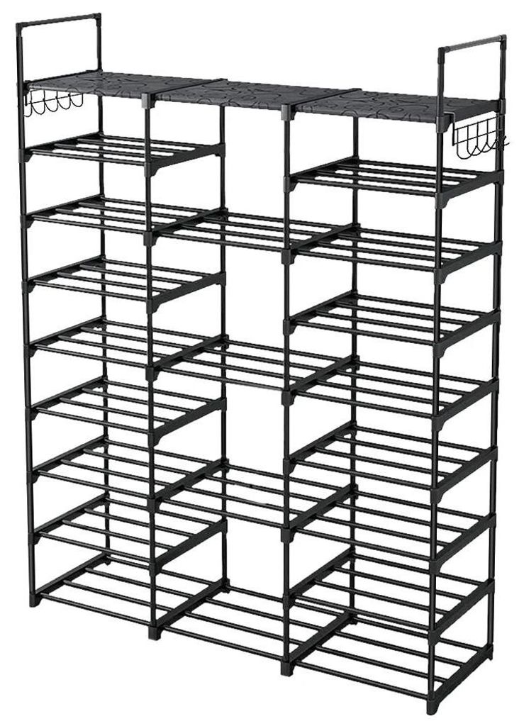Metall Schuhregal - Freistehender Schuhständer - 9 Ebenen - für 50–65 Paar Schuhe - mit Haken - 127 x 30 x 58 cm - schwarz