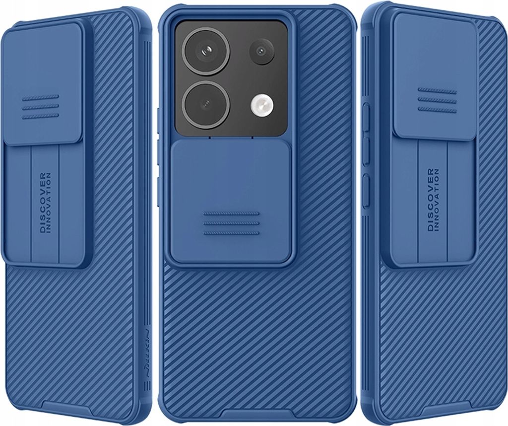 A collage of three images showing a blue phone case from different angles.