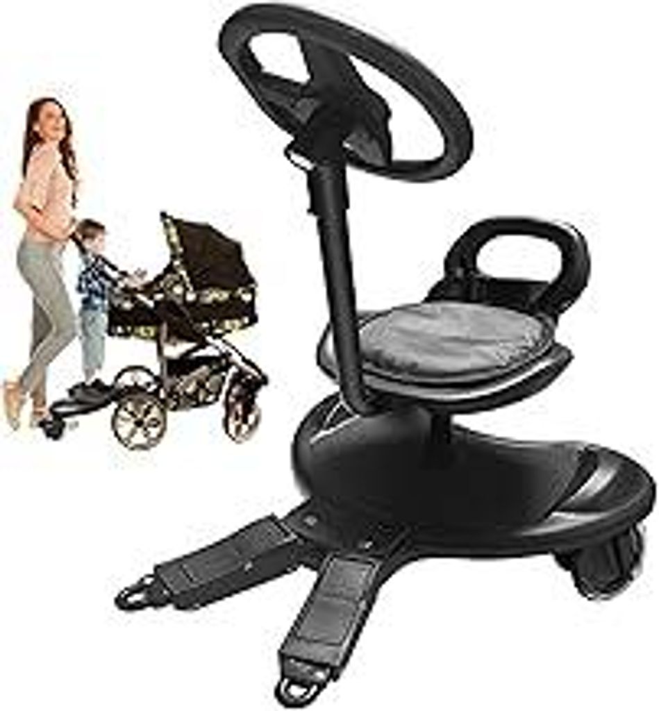 Buggy Board mit Sitz und Lenkrad, Universelle Trittbrett für alle Kinderwagen, 360 Drehbar, Handwagen Plattform für 2-6 Jahre alte Kinder, Bis 50...