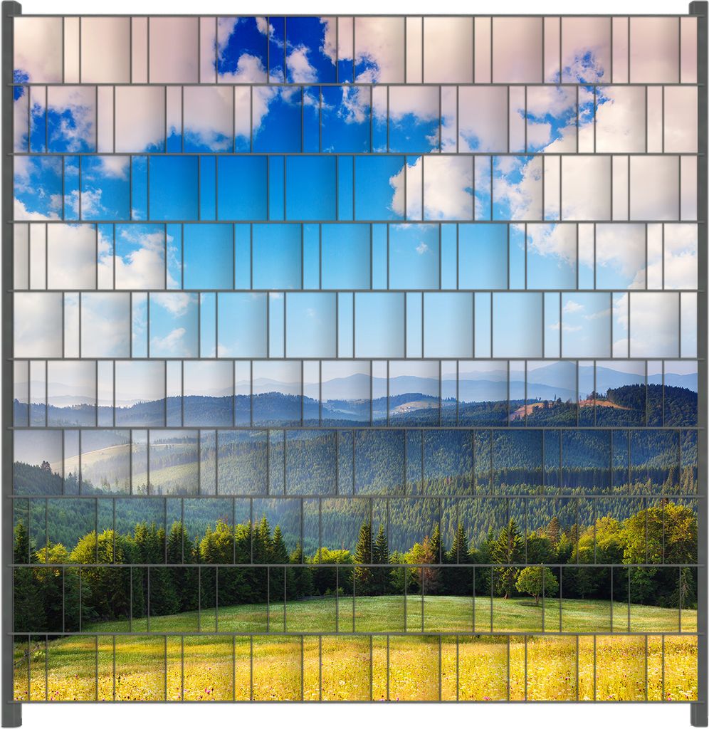Wallario Zaunsichtschutz mit Motiv Berglandschaft im Gebirge unter blauem Himmel für Ein- und Doppelstabmatten Zäune in der Größe 200 x 200 cm