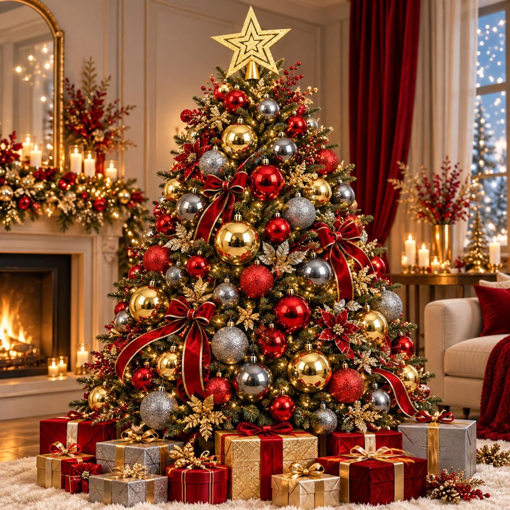 Weihnachtskugeln Rot Gold Grau 108er Set, Christbaumkugeln Kunststoff Set
