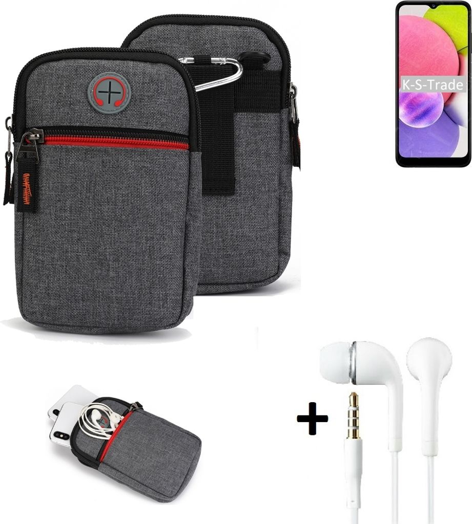 K-S-Trade Gürteltaasche + Kopfhörer kompatibel mit Samsung Galaxy A03 Handy Tasche Holster Schutz Hülle Handy Hülle grau Zusatzfächer 1x