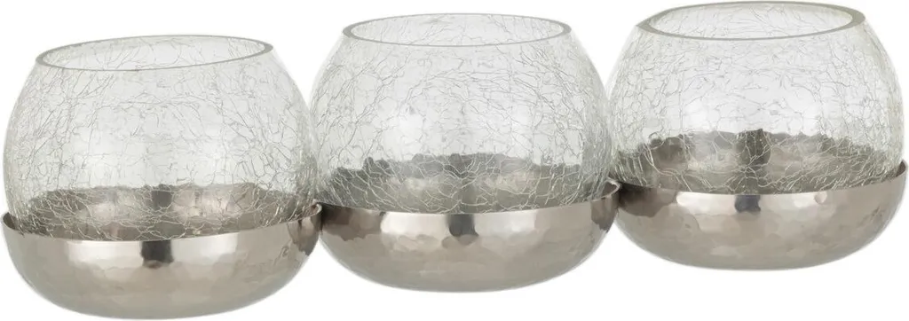 Porte-bougies chauffe-plat J-Line 3 boules argenté en verre fissuré