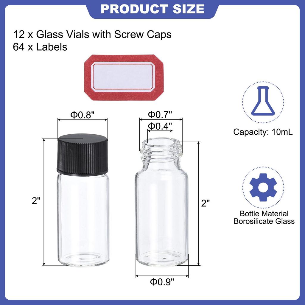 10 ml klare leere Glasfl?schchen, 12 Stš¹ck Probefl?schchen mit Schraubverschluss Reagenzglas mit Etiketten Auslaufsicheres Flš¹ssigkeitsfl?sch...