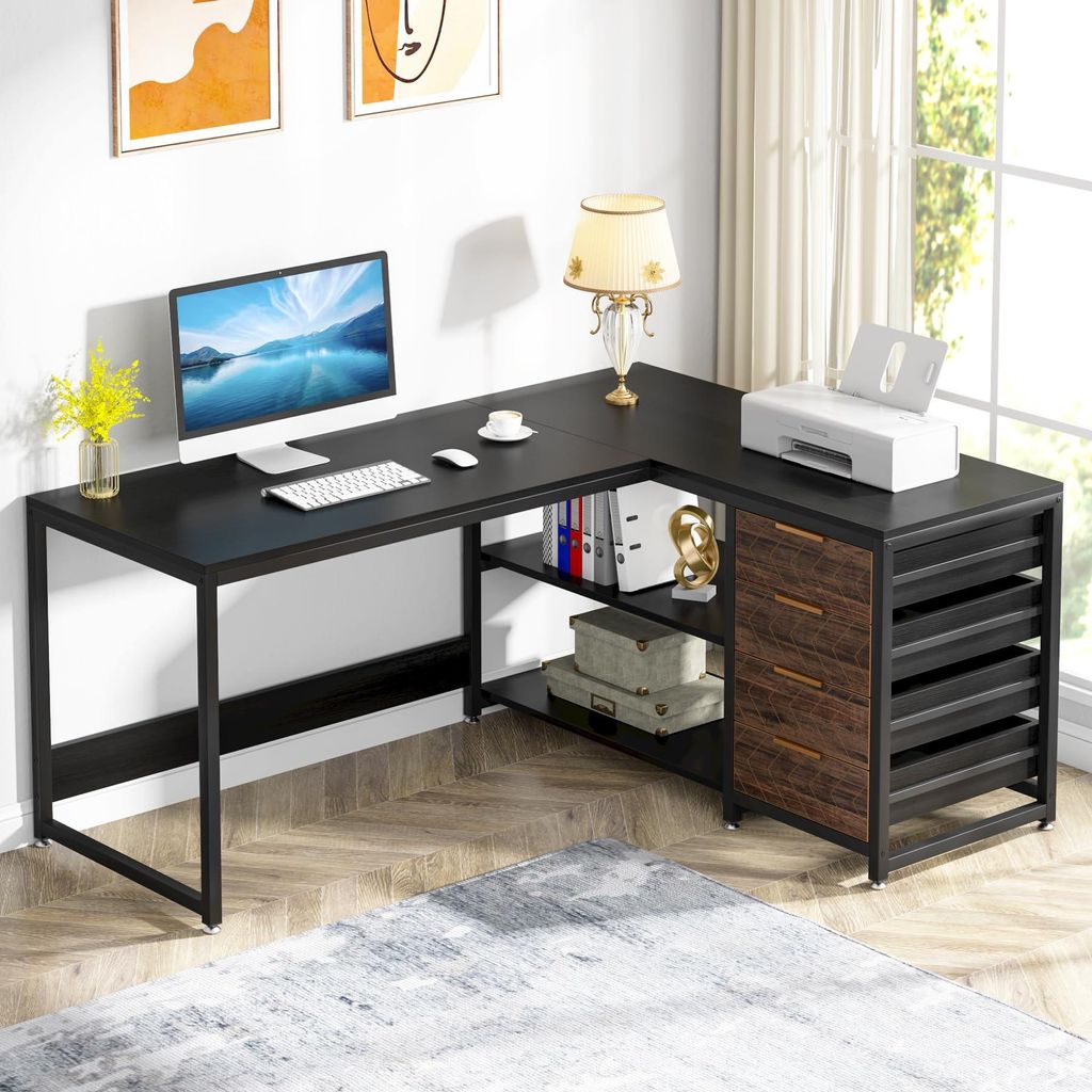 An L-shaped desk with a computer, printer, and decorative items in a home office setting.