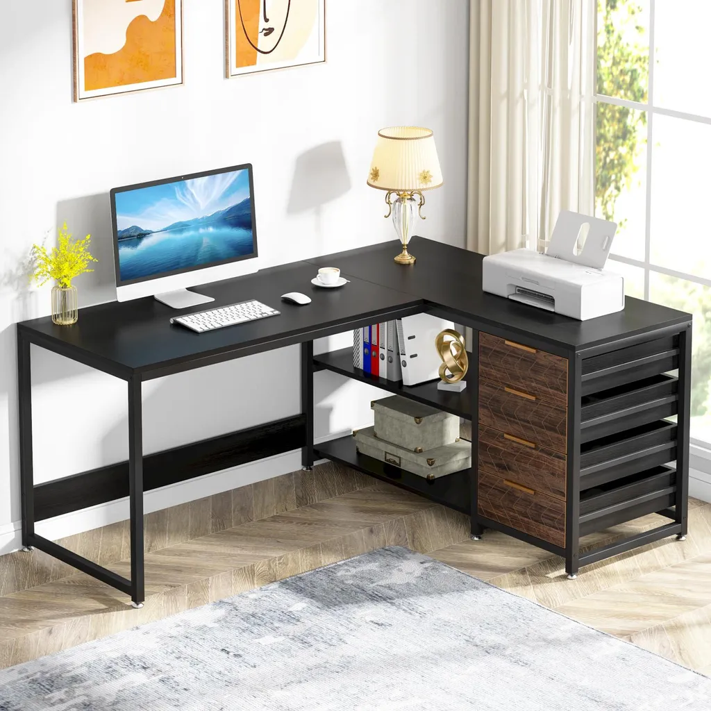 Grand bureau d'angle 150 cm réversible noir avec étagères de rangement