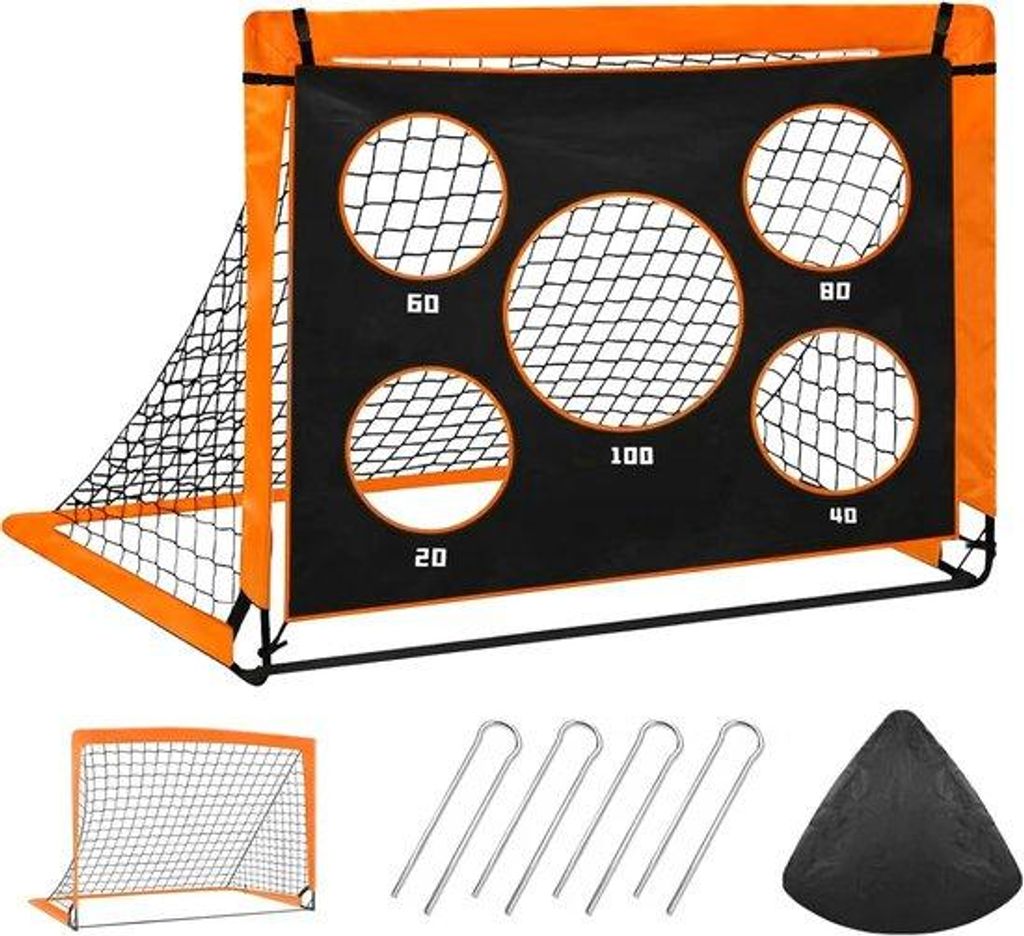 Kinder-Fußballtor 2-in-1, für Garten, leicht zu transportieren, 5 Schießlöcher, Reißverschluss-Tasche, 4 Stifte