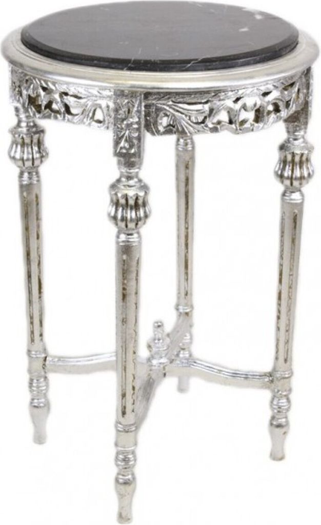 Casa Padrino Barock Beistelltisch mit schwarzer Marmorplatte Rund Silber 70 x 45 cm Antik Stil - Telefon Blumen Tisch
