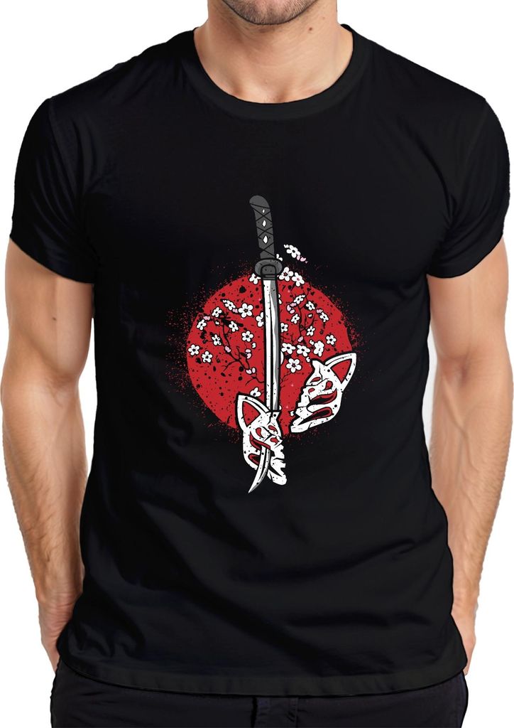 Katana Samurai Kitsune Maske Sakura Kirschblüten Japan Sonne Herren T-Shirt, Schwarz, XL
