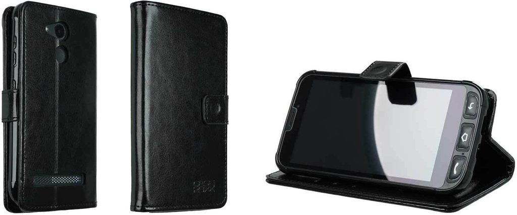 Three views of a black flip-style phone case.