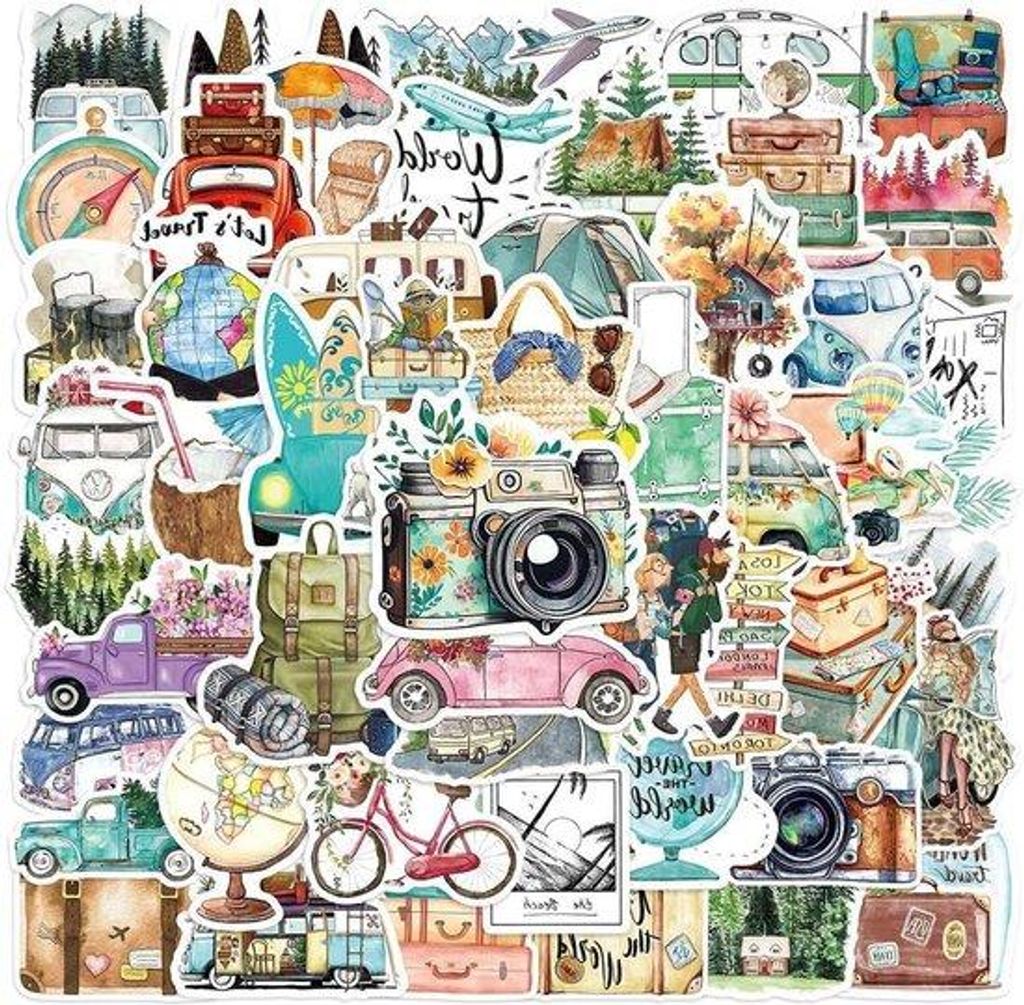 50 Stück Mini-Reissticker - dekorative Klebestifte für Reisalbum, Tagebuch, Notizbuch, Wasserflasche und Fotobuch