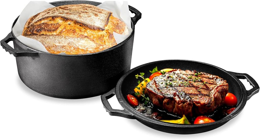 NutriChef Gusseisen Bräter mit Deckel Induktion –Dutch Oven Set, Lodge Cast Iron Pot – Schmortopf mit Deckel 2in1: Gusseisen Topf zum Brot Backen