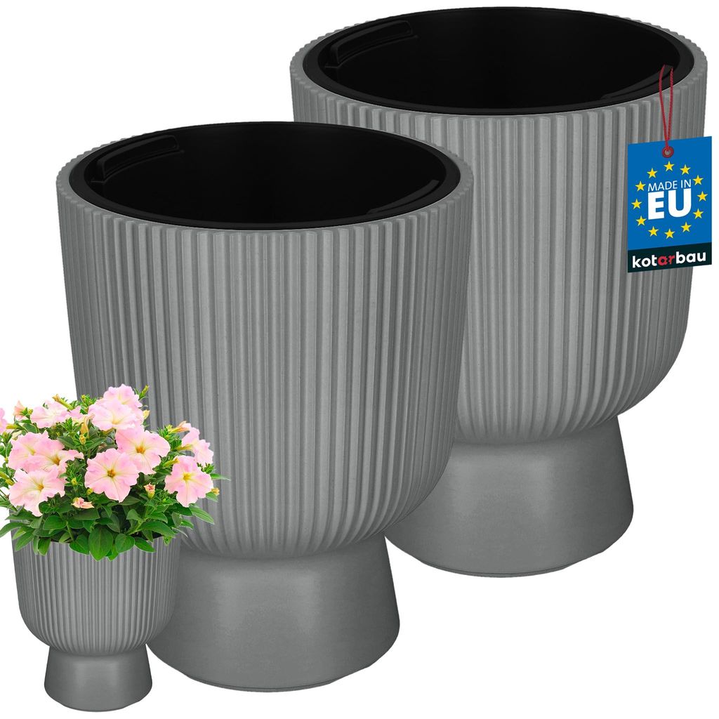 KOTARBAU 2er Set Blumentopf 23cm Orchideentopf Übertopf mit Innentopf Pflanzentopf mit Sockel Geriffelt Kelchform Pflanzkübel aus Kunststof...