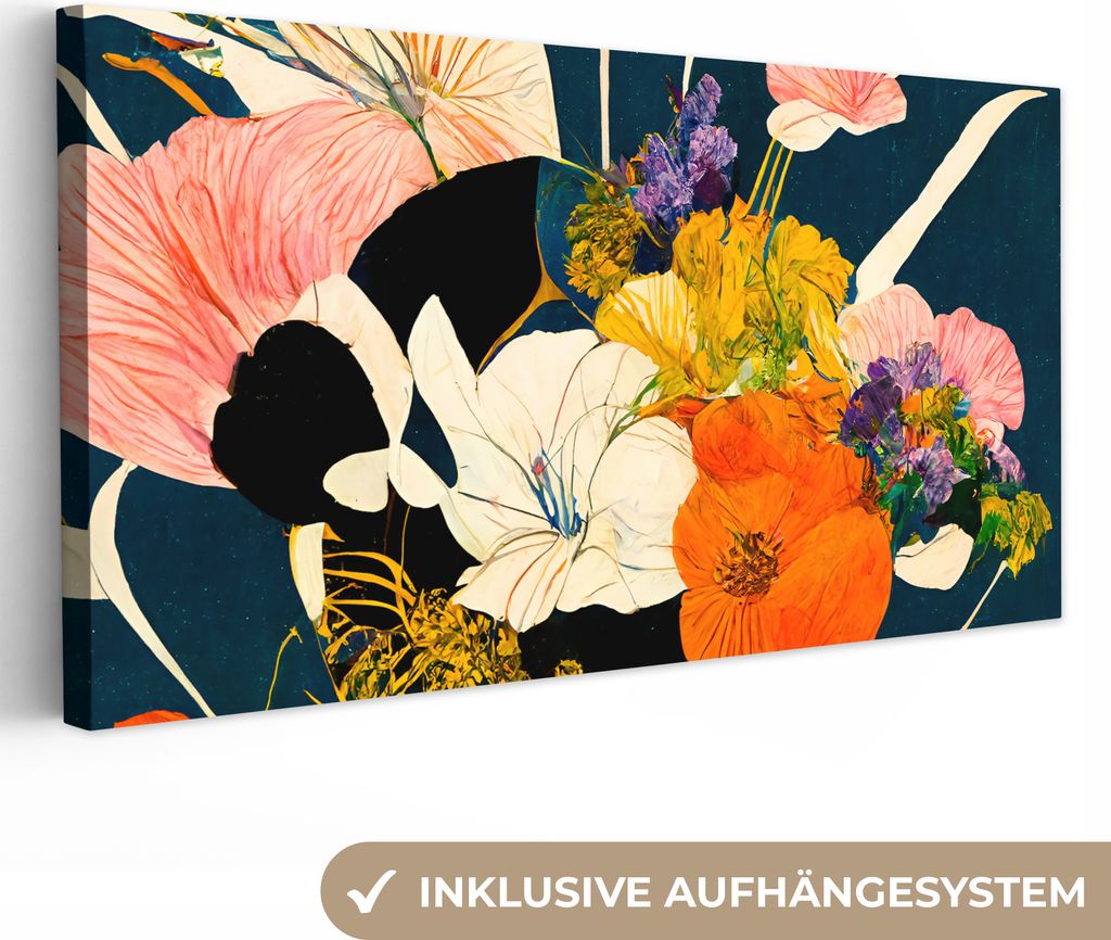 MuchoWow - Leinwandbilder - Blumen - Vase - Malerei - Pflanzen, Wandbild, Wanddeko Bilder Wohnzimmer, 40x20 cm