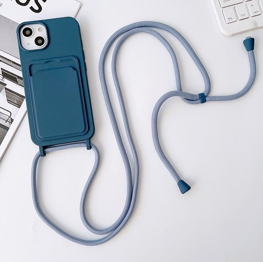 Mobigear Lanyard Card iPhone 15 Silikon Handykette mit Kartenhalter - Dunkelblau