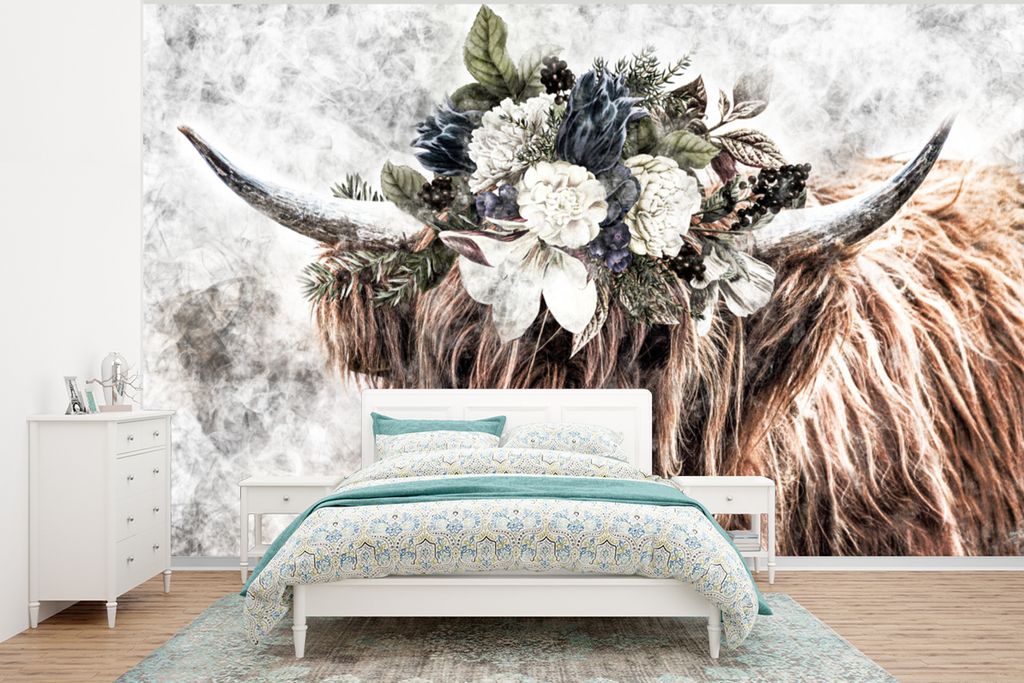 MuchoWow Fototapete für Wohnzimmer oder Schlafzimmer Wandtapete Vinyl Motivtapete Schottischer Hochländer - Rauch - Flora - 350x260 cm - Wohnzi...