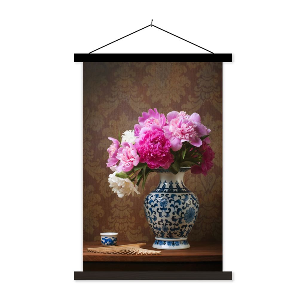 MuchoWow Textilposter Pfingstrosen - Vase - Farben 60x90 cm mit schwarzem Rahmen - Poster Wohnzimmer
