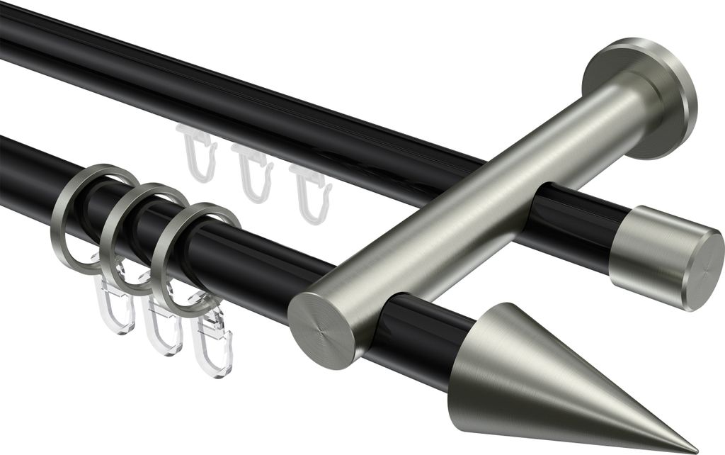Interdeco Rundrohr-Innenlaufstange / Gardinenstange (Kombination) Schwarz / Edelstahl-Optik, Typ Platon Savio (Kegel), 20 mm Ø 2-läufig, 220 cm