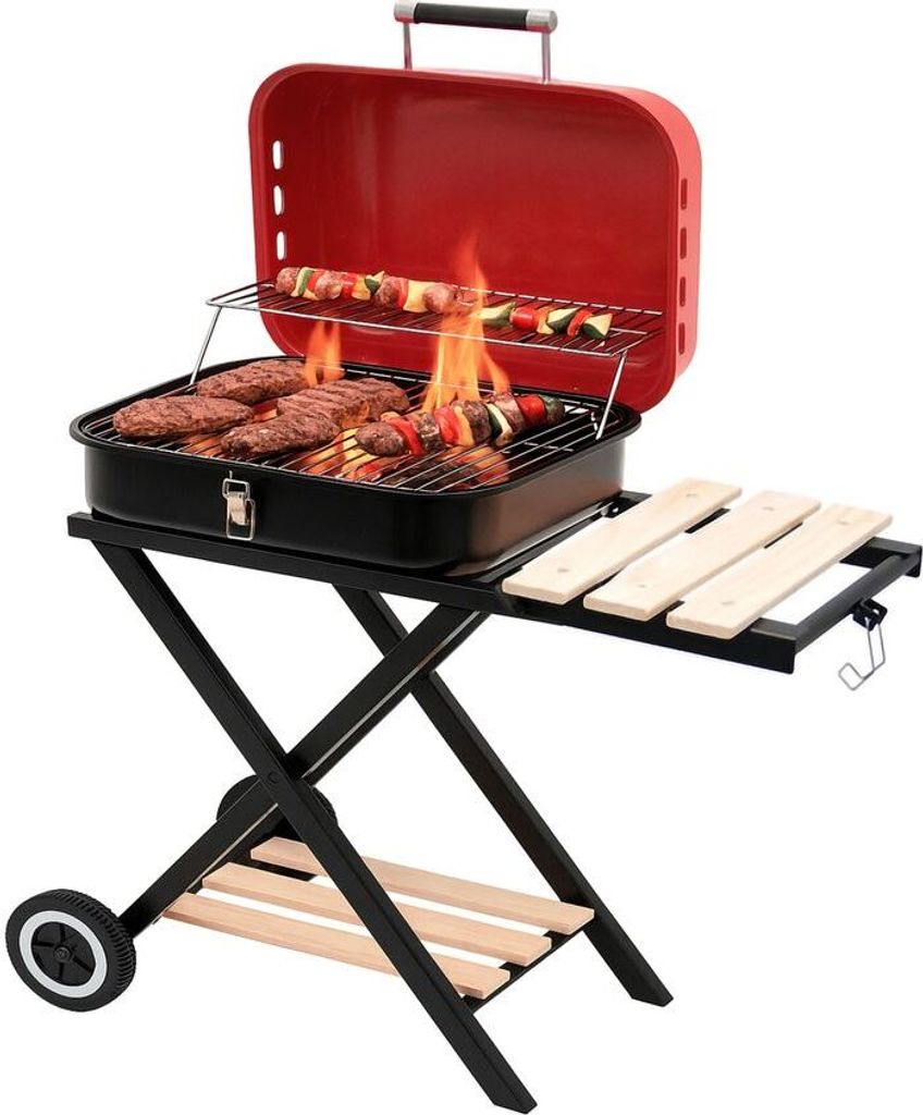 Mobiler Holzkohlegrill klappbar | BBQ Grillwagen mit Deckel, verchromtem Grillrost & Warmhalterost | Campinggrill mit Holzablagen & Rollen | Kompak...