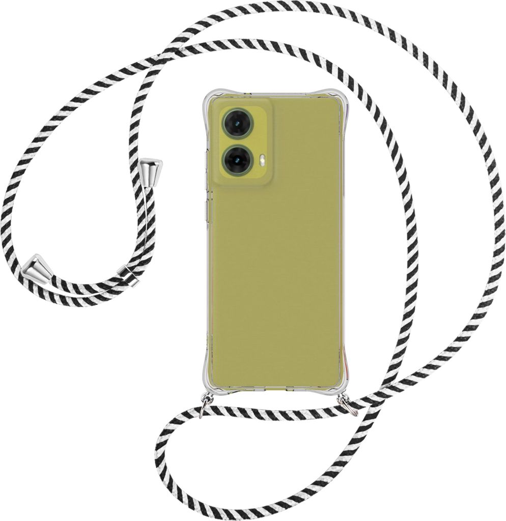 Handykette Backcover-Schutzhülle mit Band (Metall silberfarben) für Motorola Moto G85 5G - schwarz/weiß gestreift