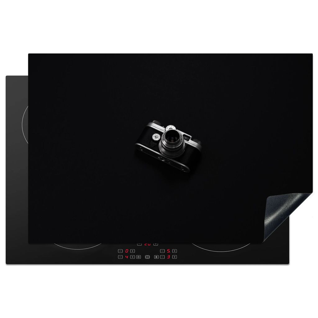 KitchenYeah Herdabdeckplatte Schwarz - Kamera - Design - Weiß , 76x51cm, Küche Deko, Glaskeramikkochfeld Herdabdeckung, Abdeckplatte fùr Kochfeld