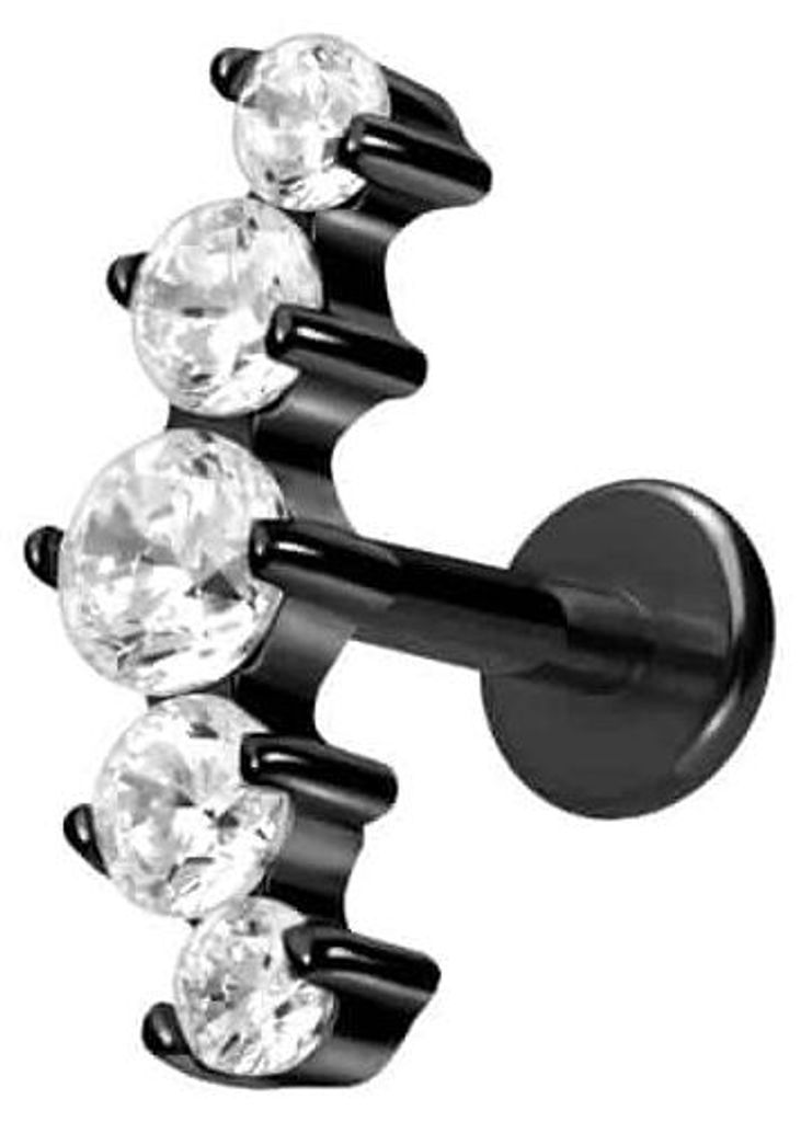 Ohrpiercing, Nasenpiercing Titan Labret mit Innengewinde 5 EINGEFASSTE KRISTALLE Schwarz Stablänge: 7mm | Stabstärke: 1,6mm
