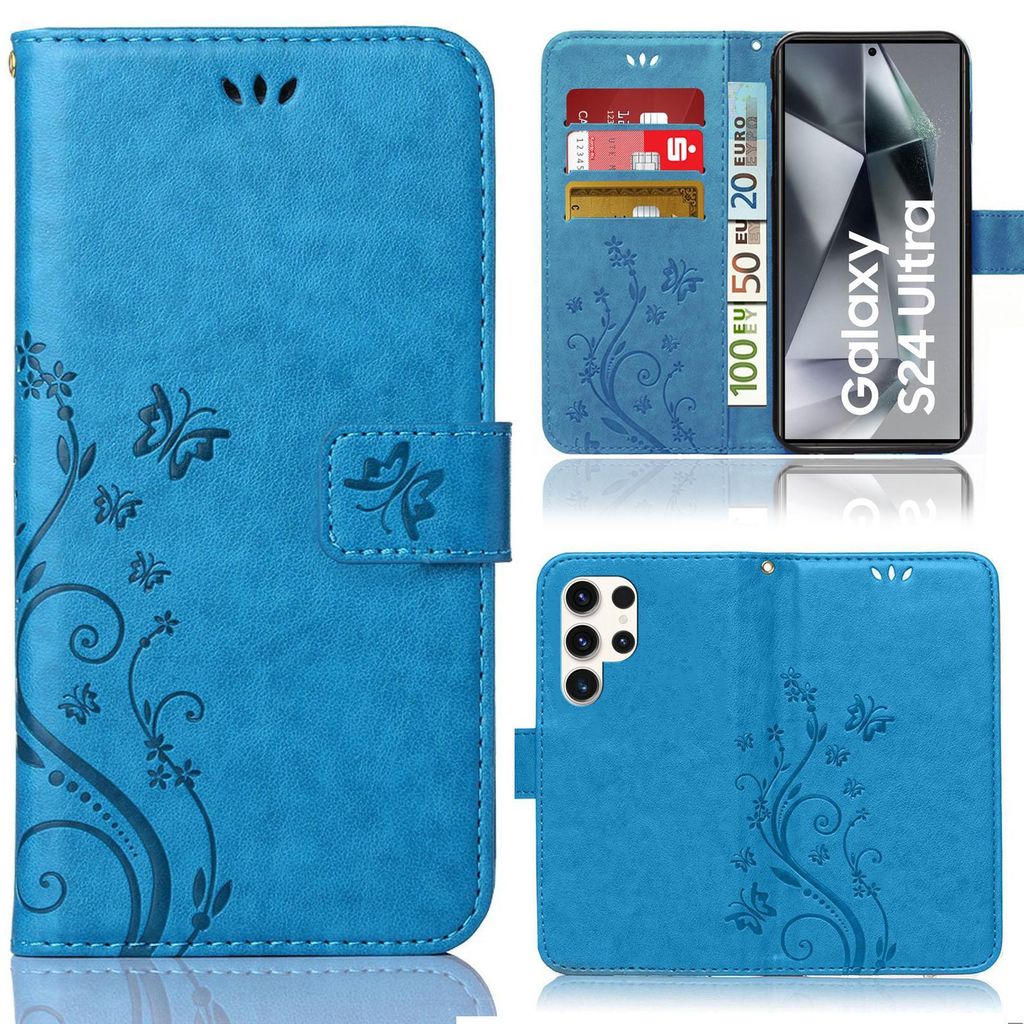 A collage of images showing a blue flip phone case with a floral and butterfly design, including a view of the inside with card slots and a phone display.