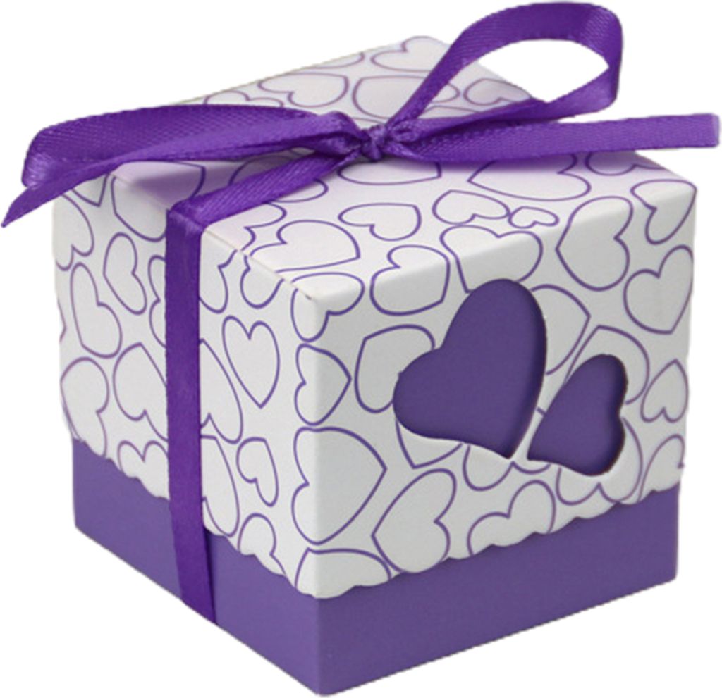 50 Stück Süßigkeitsschachteln mit Deckel, zart, hohl, niedlich, hitzebedruckt, süße Geschenkboxen, Hochzeitsgeschenke-Lila