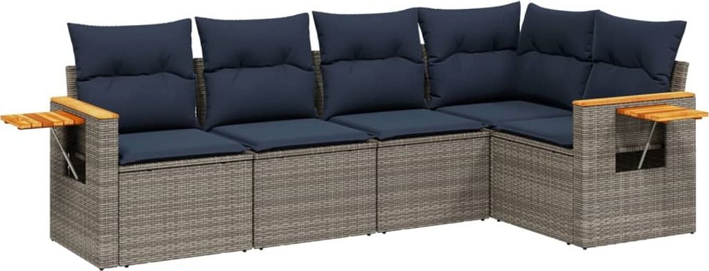 5-tlg. Garten-Sofagarnitur mit Kissen Grau Poly Rattan