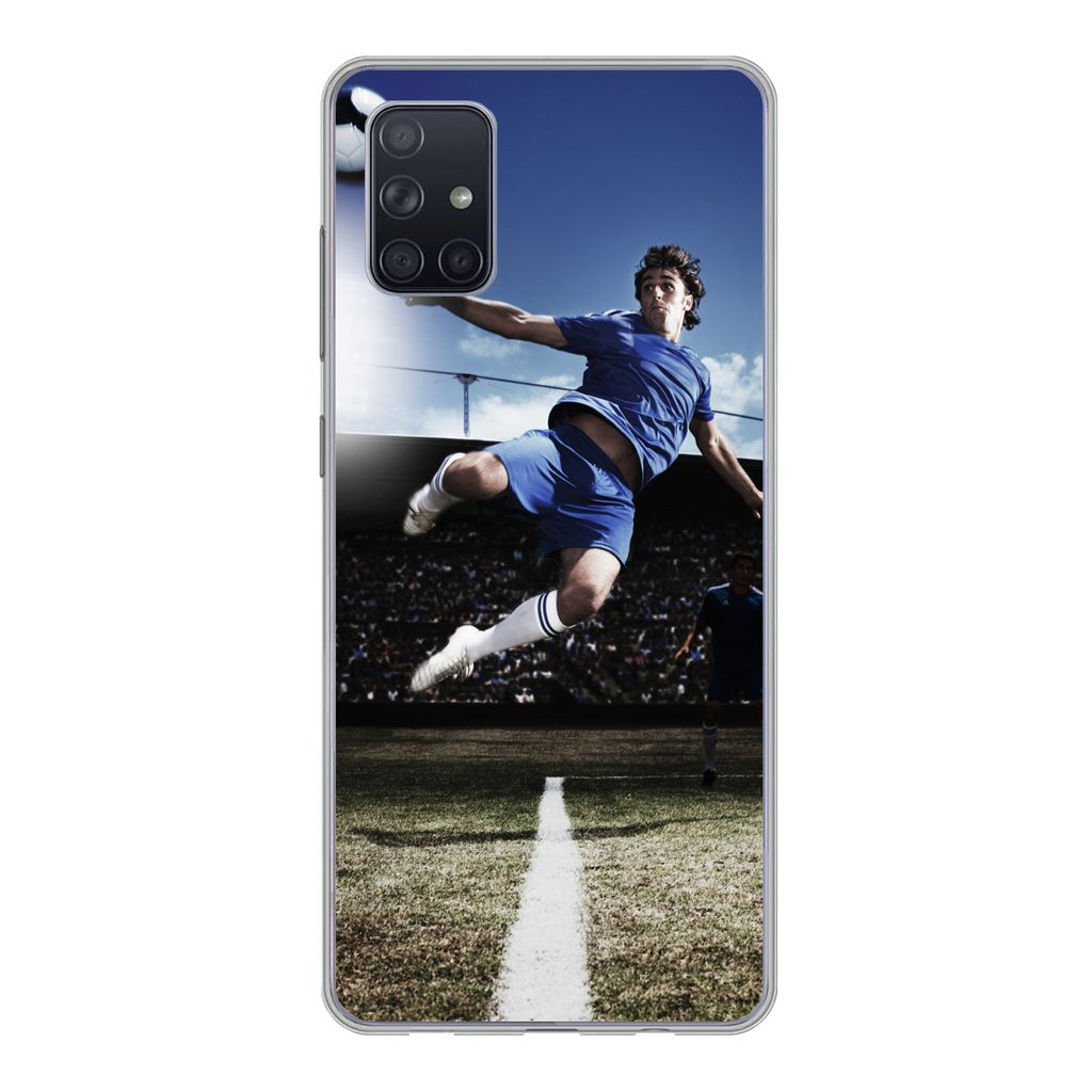 MuchoWow Handyhülle Schutzhülle Hülle für Samsung Galaxy A71 Fußballspieler macht einen Volley Silikon Softcase Handy Hülle - Kartenbesitzer