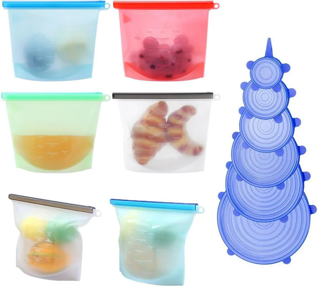 CANDeal Set 6 Sacs Silicone 1000ML & 6 Couvercles Extensibles Micro-ondes