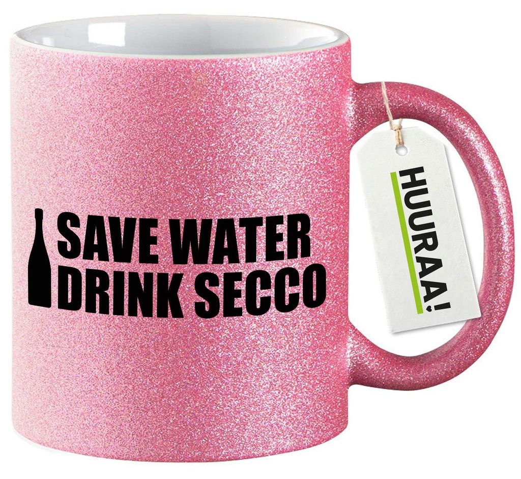 Huuraa Glitzertasse Save Water Drink Secco Sektflasche 330ml Pink Keramik Kaffeebecher Geschenkidee