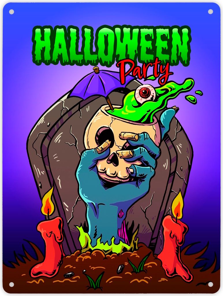 Metallschild XL in 21x28 cm mit Halloween Party Motiv und schauriger Zombiehand