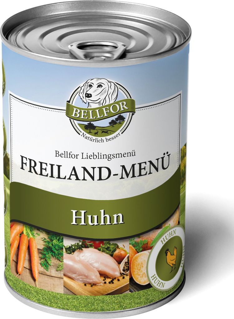 A can of dog food with a label showing a dog, ingredients, and brand information.