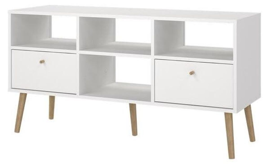 TV-Möbel Tvilum Bodo Mattweiß mit 2 Schubladen und Beinen und Griffen aus Naturholz 117x39x61 cm
