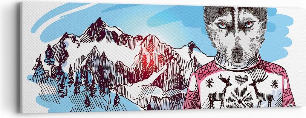 Bild auf Leinwand - Leinwandbild - Husky Berg Kinder Mode - 90x30cm - Wand Bild - Wanddeko - Leinwanddruck - Bilder - Kunstdruck - Wanddekoration -...