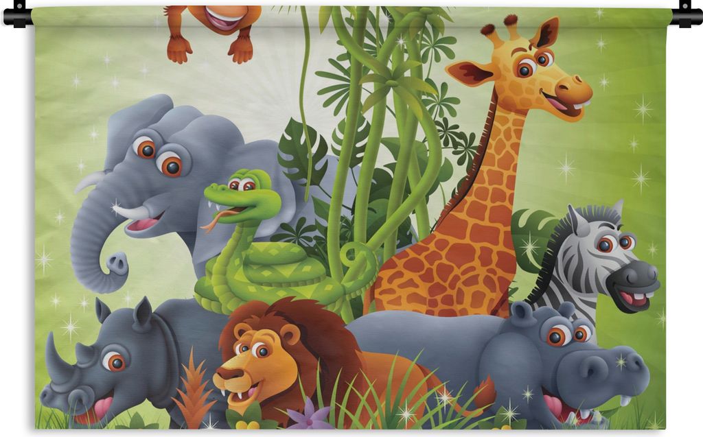 MuchoWow Wandteppich Wandbehang Dschungeltiere - Pflanzen - Kinder - Elefant - Giraffe - Löwe 150x100 cm Tapisserie Dekoration Wandtuch - Waschb...