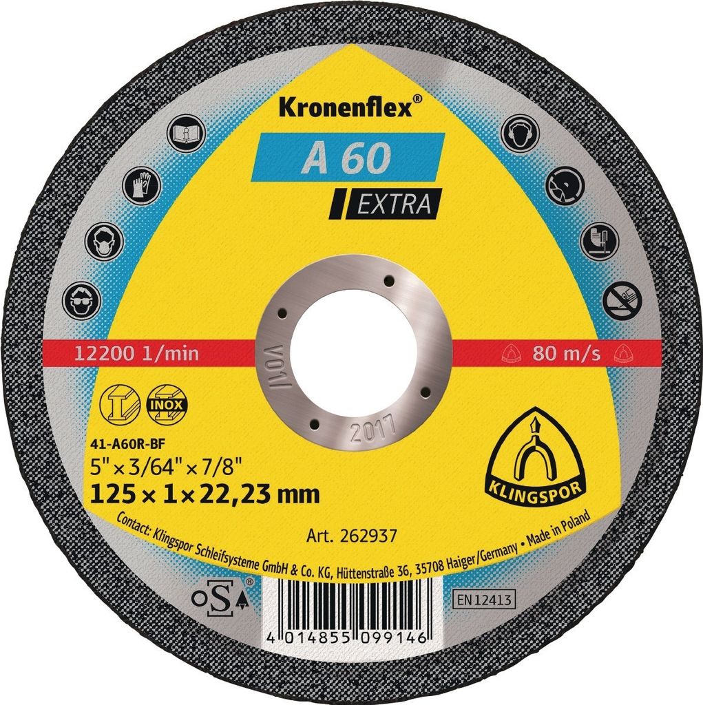 A close-up, front-facing view of a cutting disc with branding and specifications.