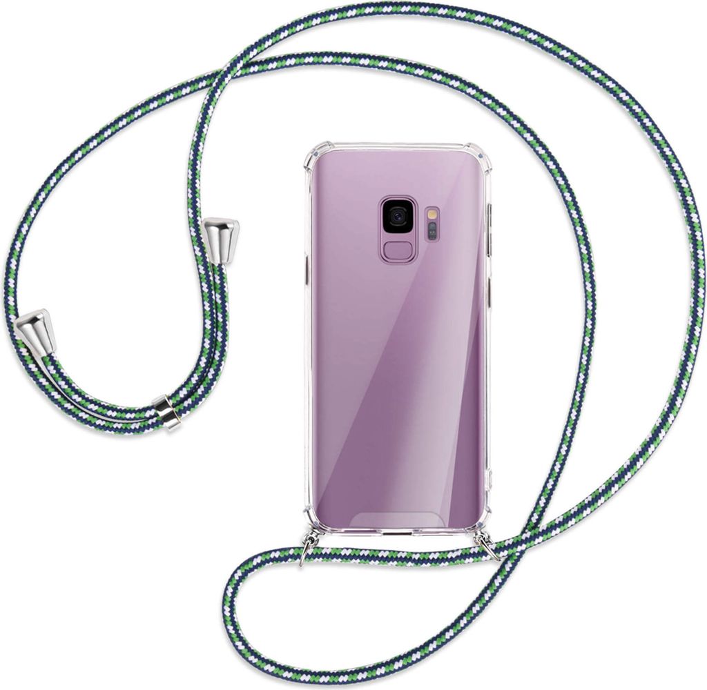 Handykette Backcover-Schutzhülle mit Band (Metall silberfarben) für Samsung Galaxy S9 - grün/blau/weiß
