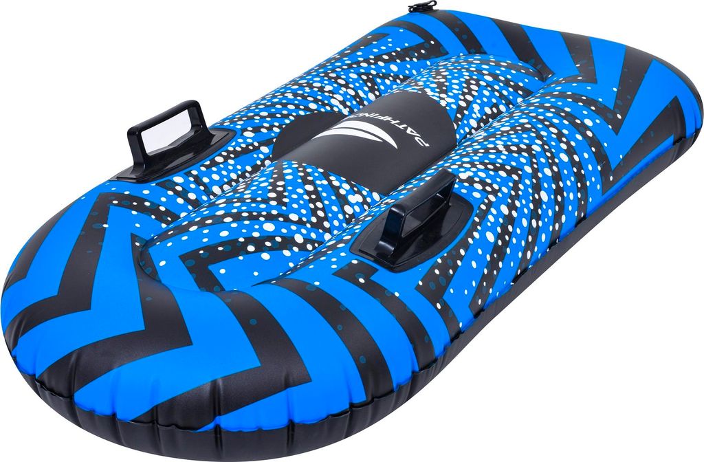 A blue and black inflatable snow tube with a white speckled pattern and handles, isolated on a white background.