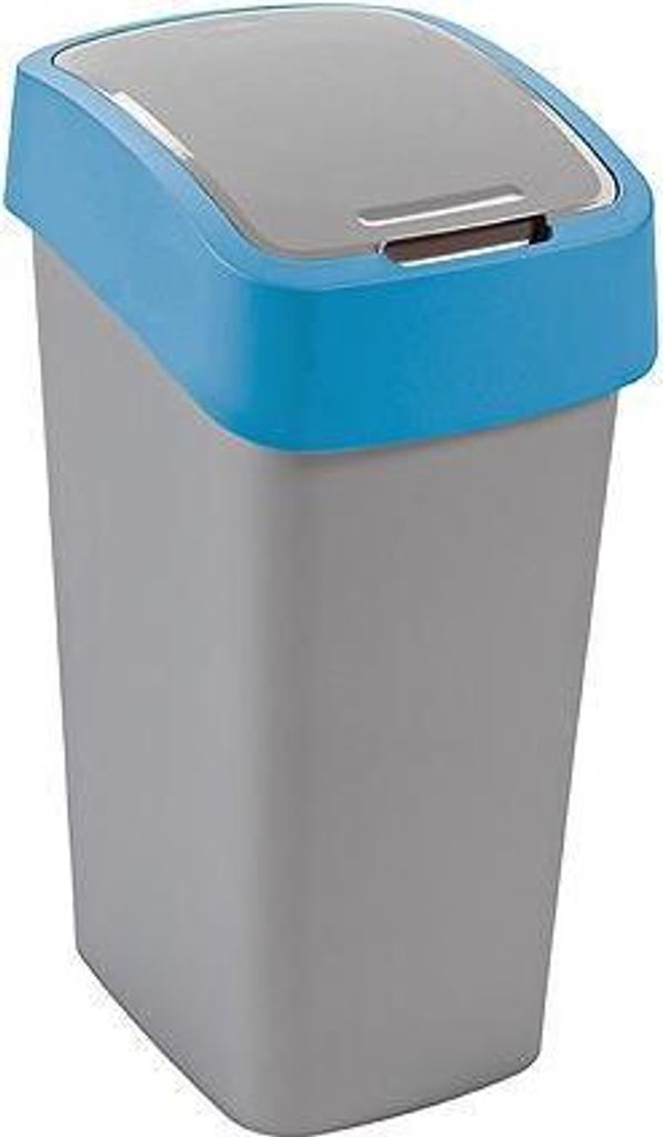 A gray trash can with a blue lid and a gray flip-top lid.
