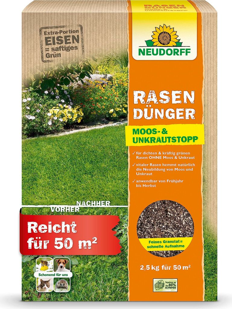 Rasendünger Moos und Unkrautstopp extra Eisen 2,5 kg reicht für 50 m2 dichten grünen Rasen