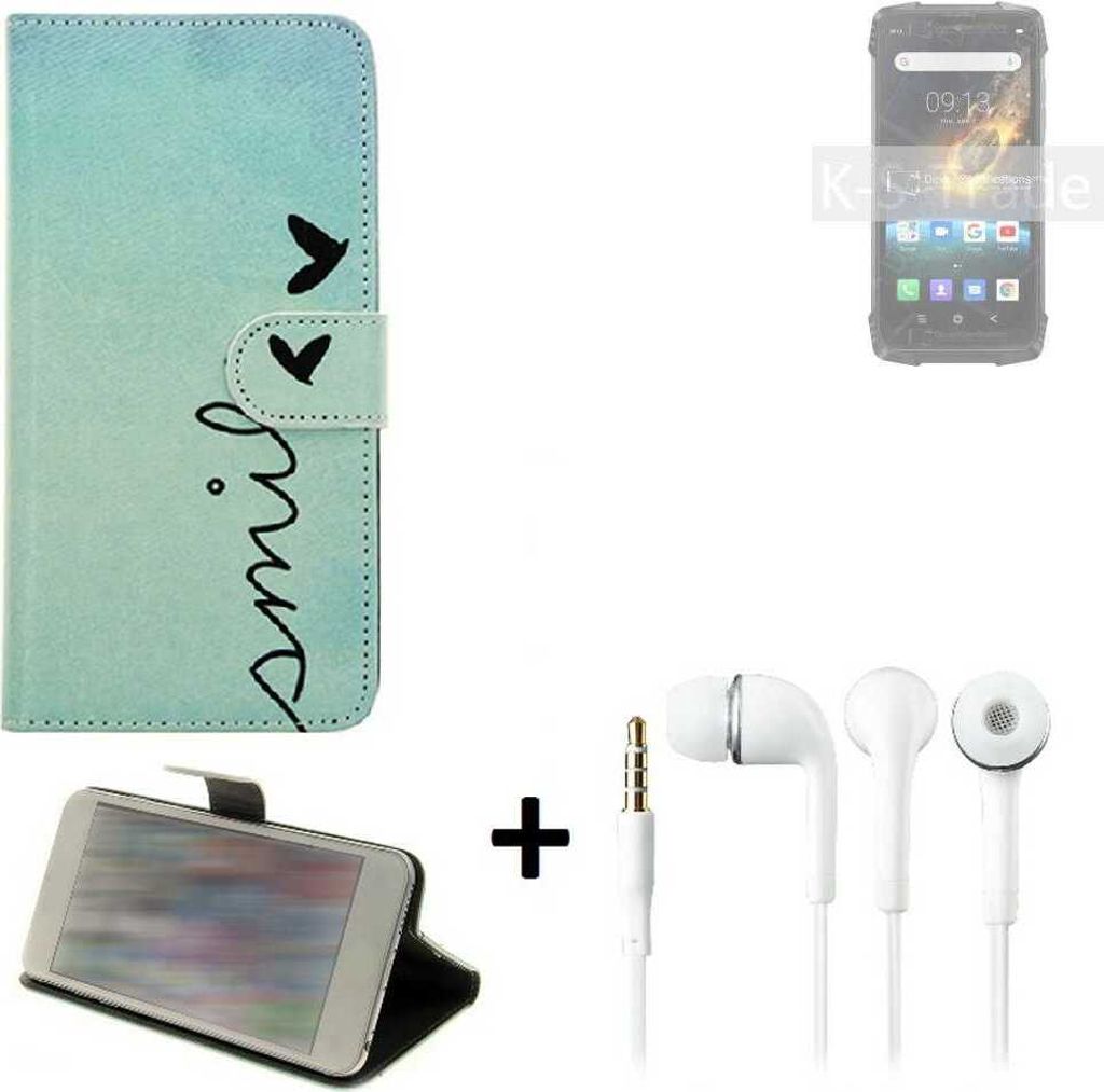 K-S-Trade Schutz Hülle Handy Hülle kompatibel mit Blackview BV6900 360° Wallet Case Schutz Hülle ''smile'' inkl. Ohrstöpsel Smartphone cover