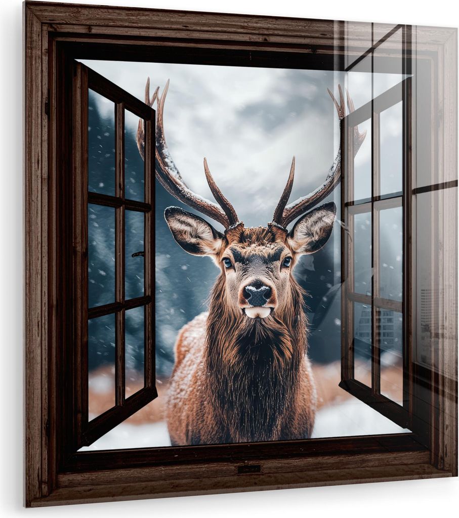 MuchoWow Glasbilder - Bilder auf Wandbild - Foto auf Glas Durchsichtig - Hirsche - Tiere - Landschaft - Winter - Schnee - Ländlich 40x40 cm Wandde...