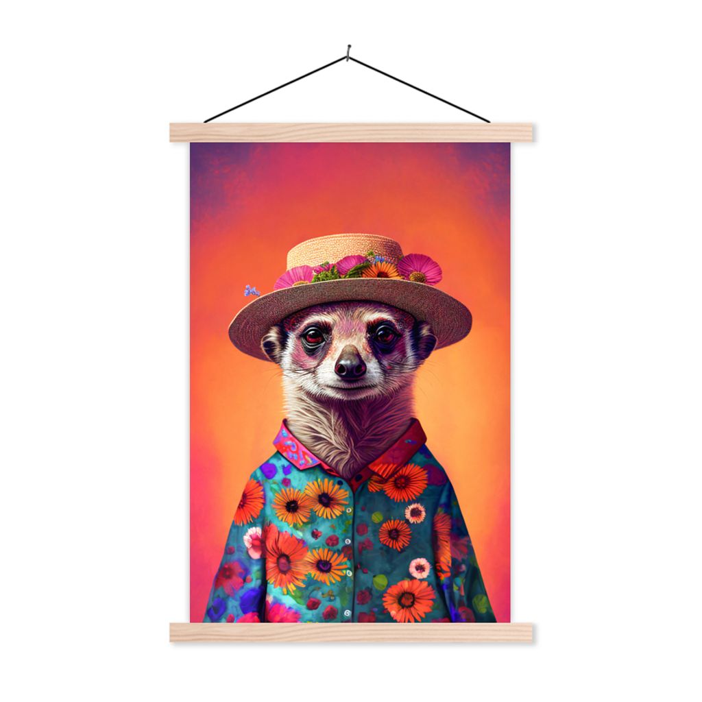 MuchoWow Textilposter Erdmännchen - Blumen - Hut - Tiere - Porträt - Erdmännchen 120x180 cm mit holzfarbenen Rahmen - Textil-Plakat