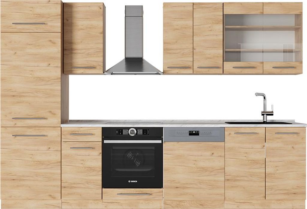 Vicco Küchenzeile Fame-Line, 300 cm , AP Marmor, Goldkraft Eiche/Goldkraft Eiche