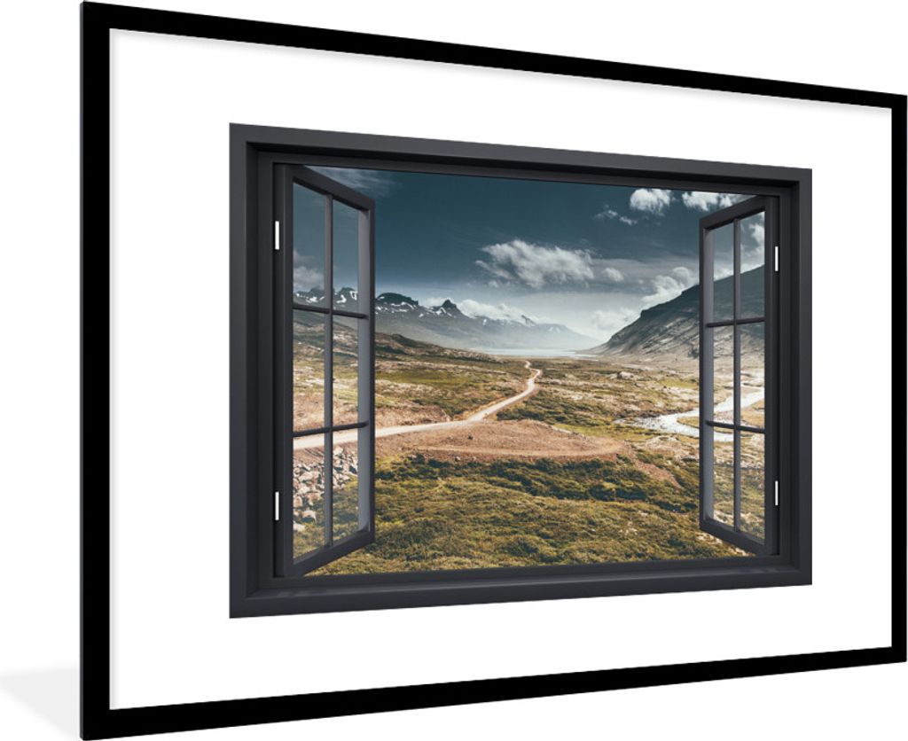 MuchoWow MuchoWow Gerahmtes Poster Aussicht - Weg - Berg 90x60 cm - Poster mit zchwarzem Bilderrahmen - Wanddekoration - Fotos