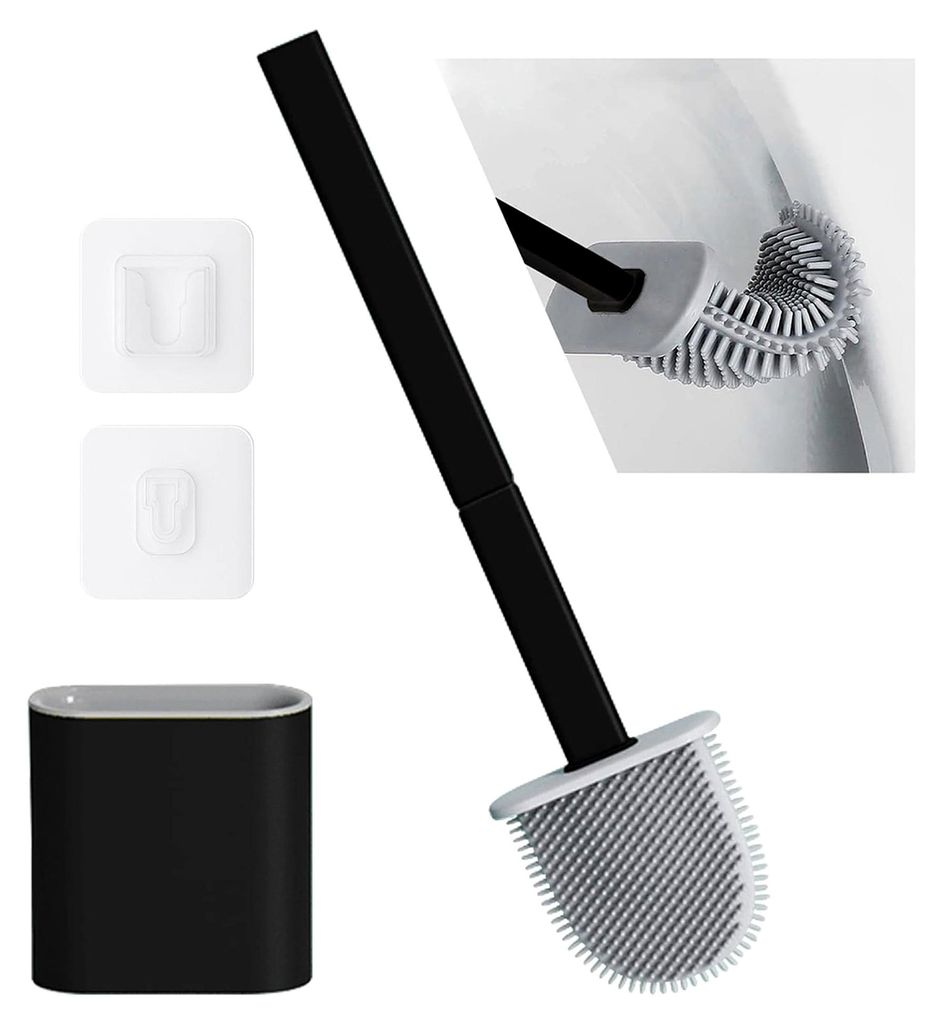 Silikonbürste mit Halter, WC-Toilettenbürste aus Silikon, Klobürste mit rutschfestem Silikongriff und tropffreier Basis