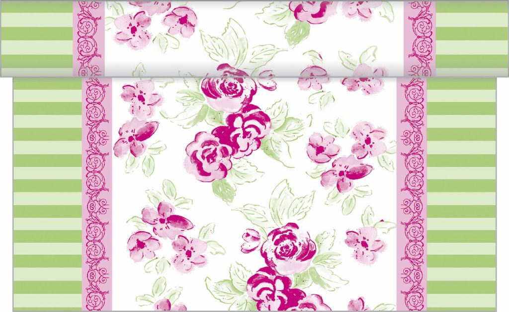 Sovie HOME Tischläufer Country Line in Rosa-Grün aus Linclass Airlaid 40 cm x 4,80 m, 1 Stück - Rosen Floral